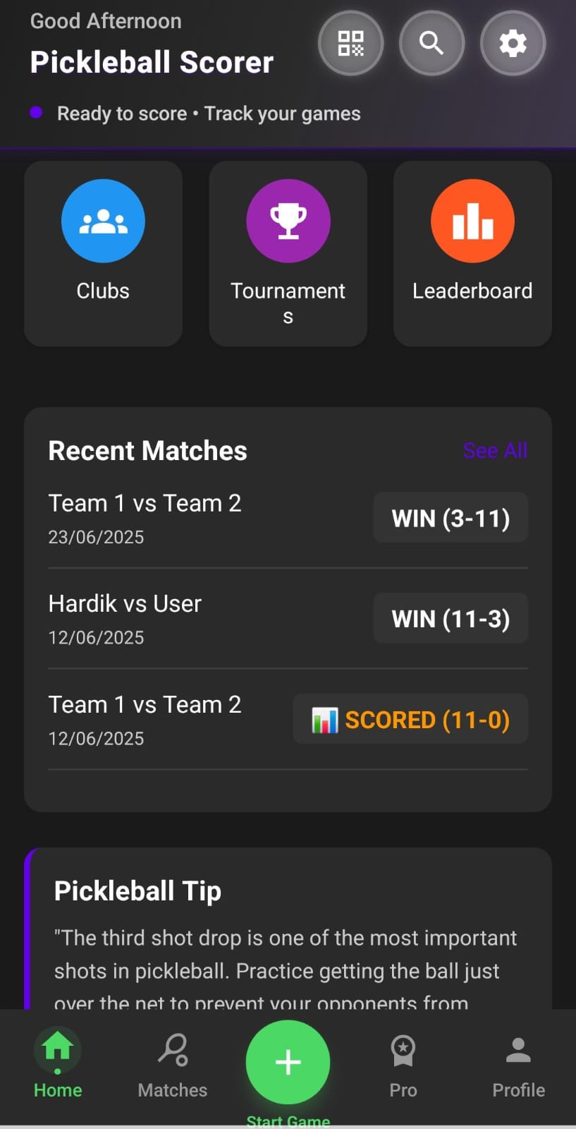 PickleballScorer App Interface