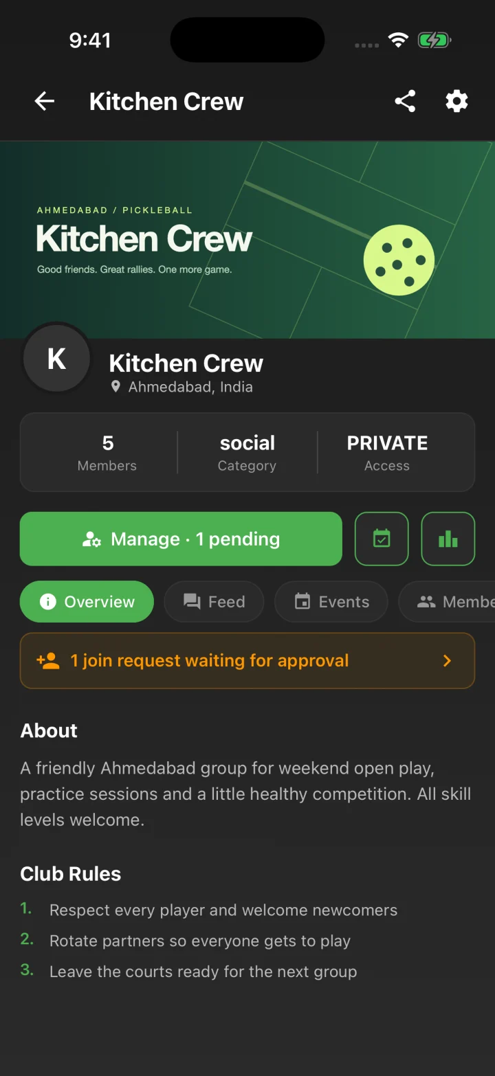 Kitchen Crew sample club with members, feed, events, and club management