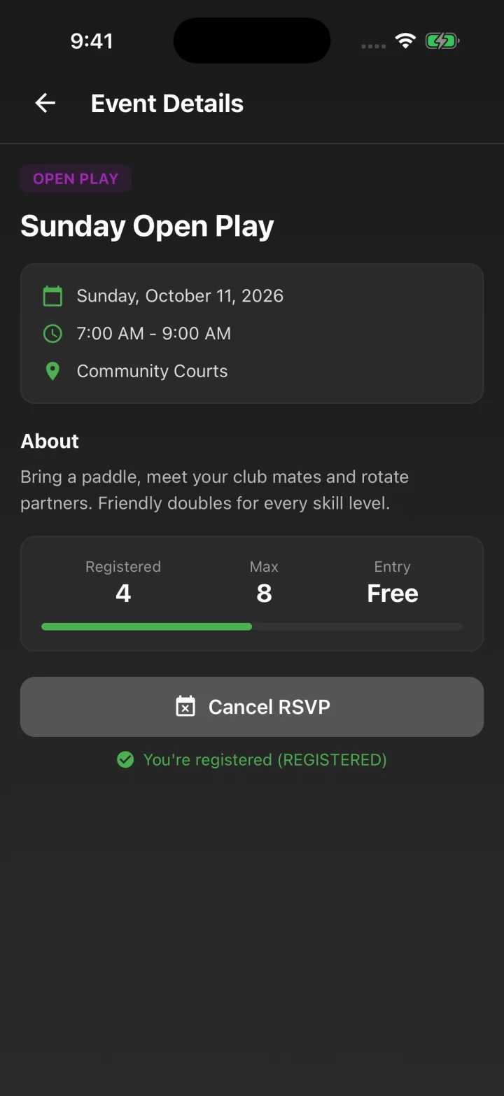 Sunday Open Play sample club event with venue, time, and participant count