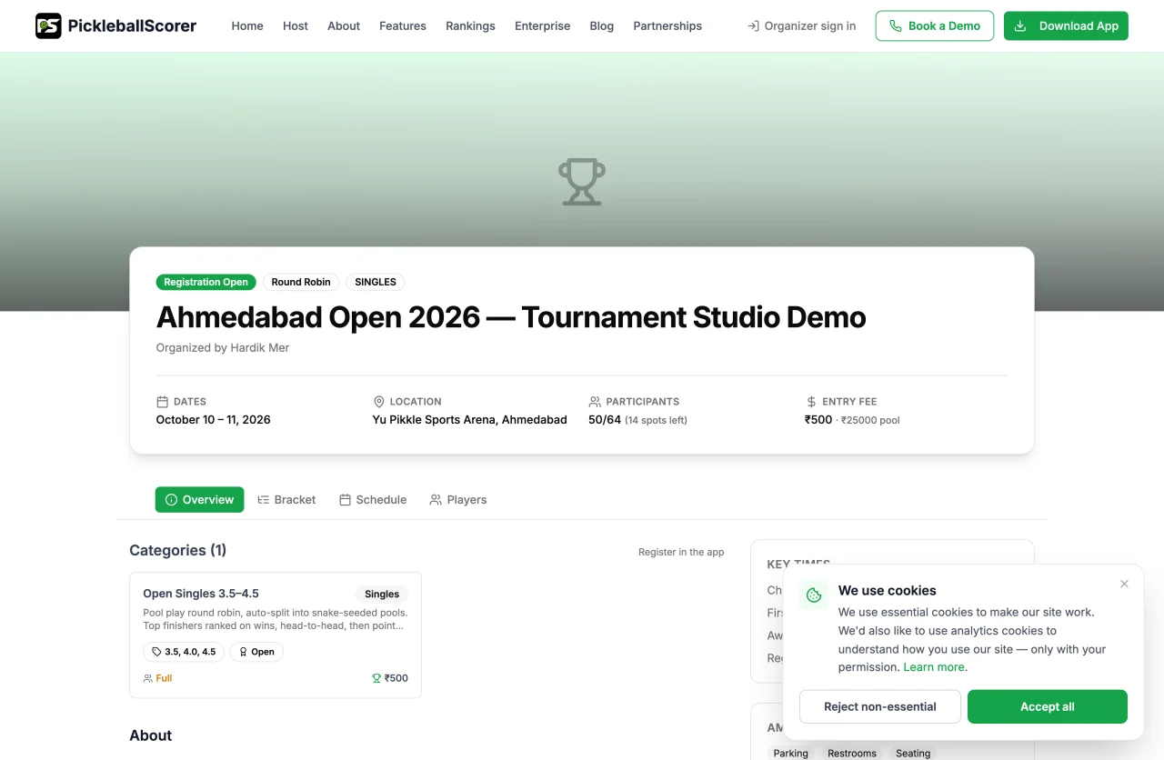 Public tournament page with event details and brackets