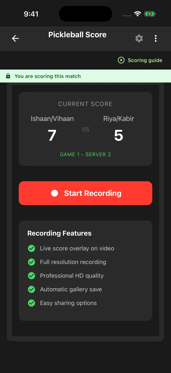 In-app match recording controls and live score overlay features