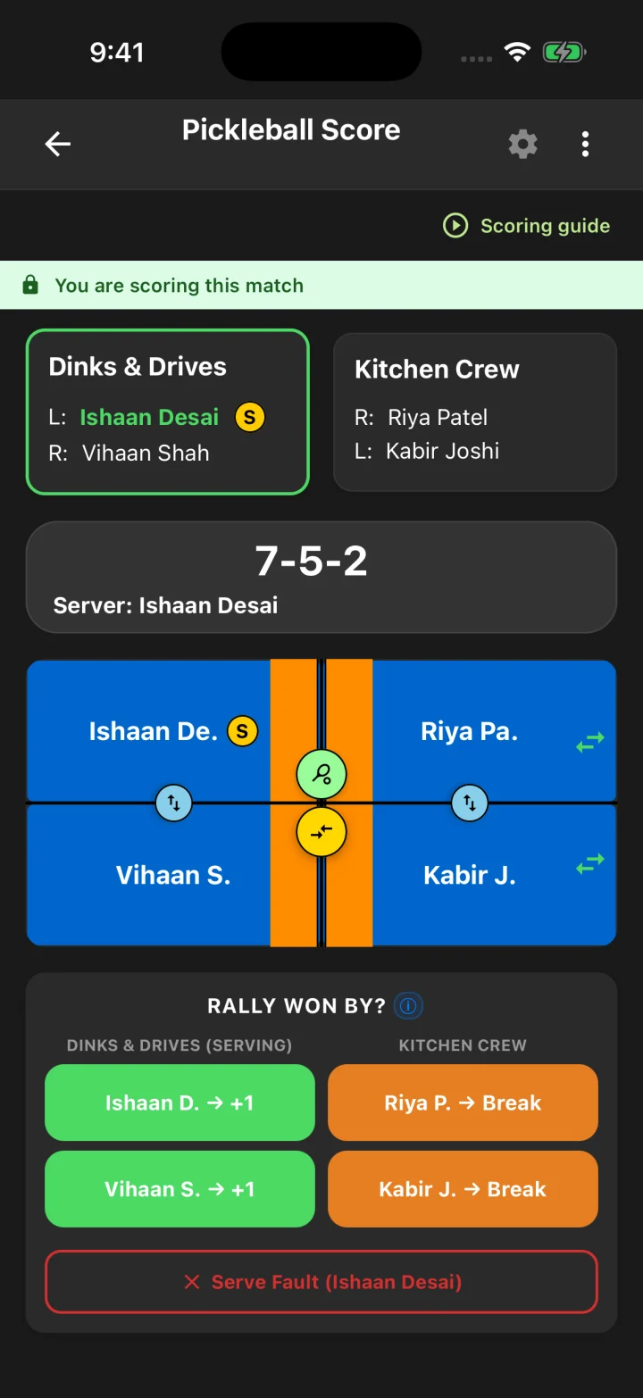 A doubles match showing the score, server, court positions, and rally controls